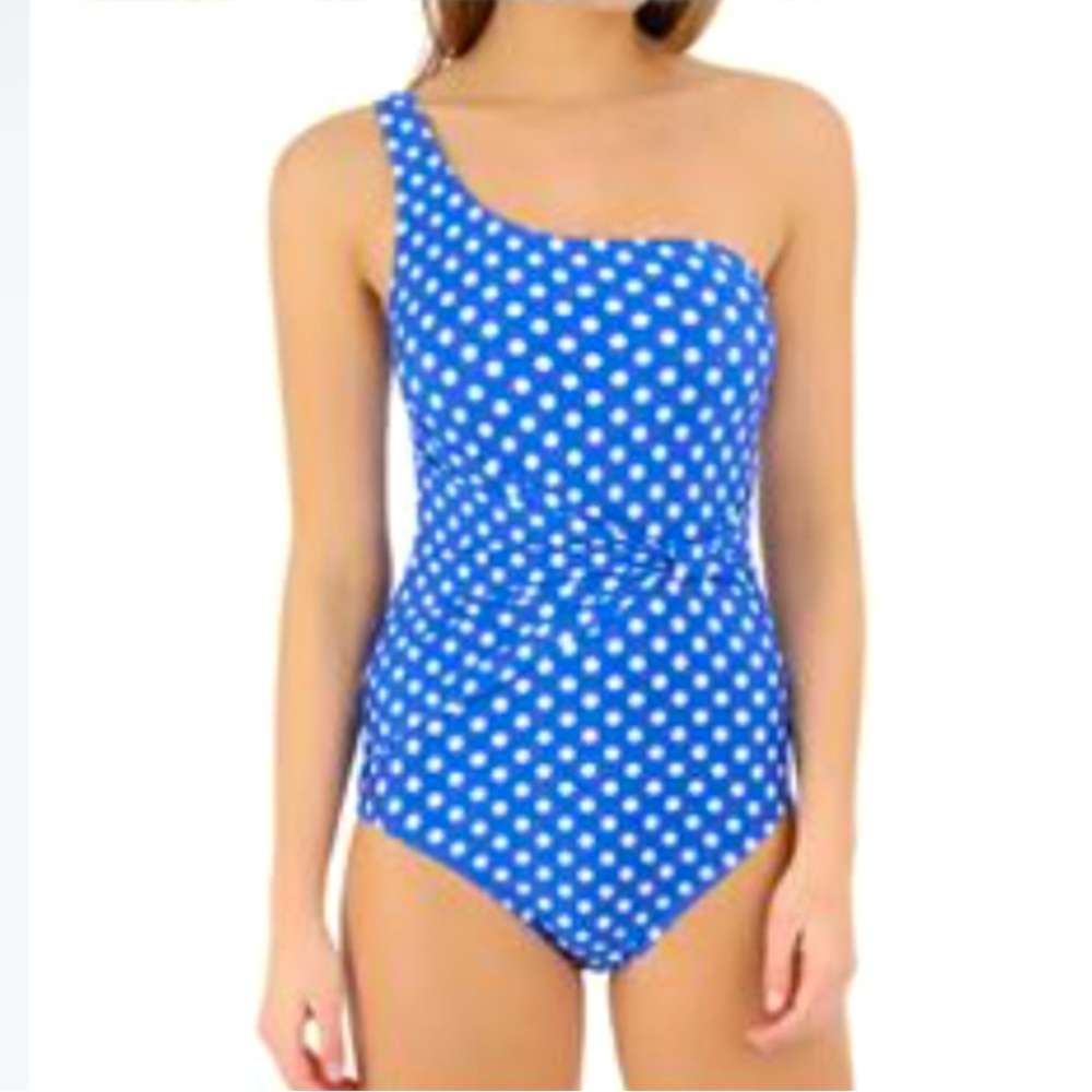 PERRY ELLIS One Piece, Off Shoulder Polka Dot Swimsuit